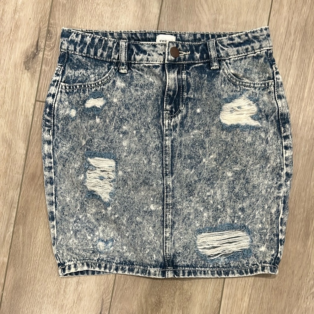 Sneak Peek Acid Wash Distressed Denim Mini Skirt